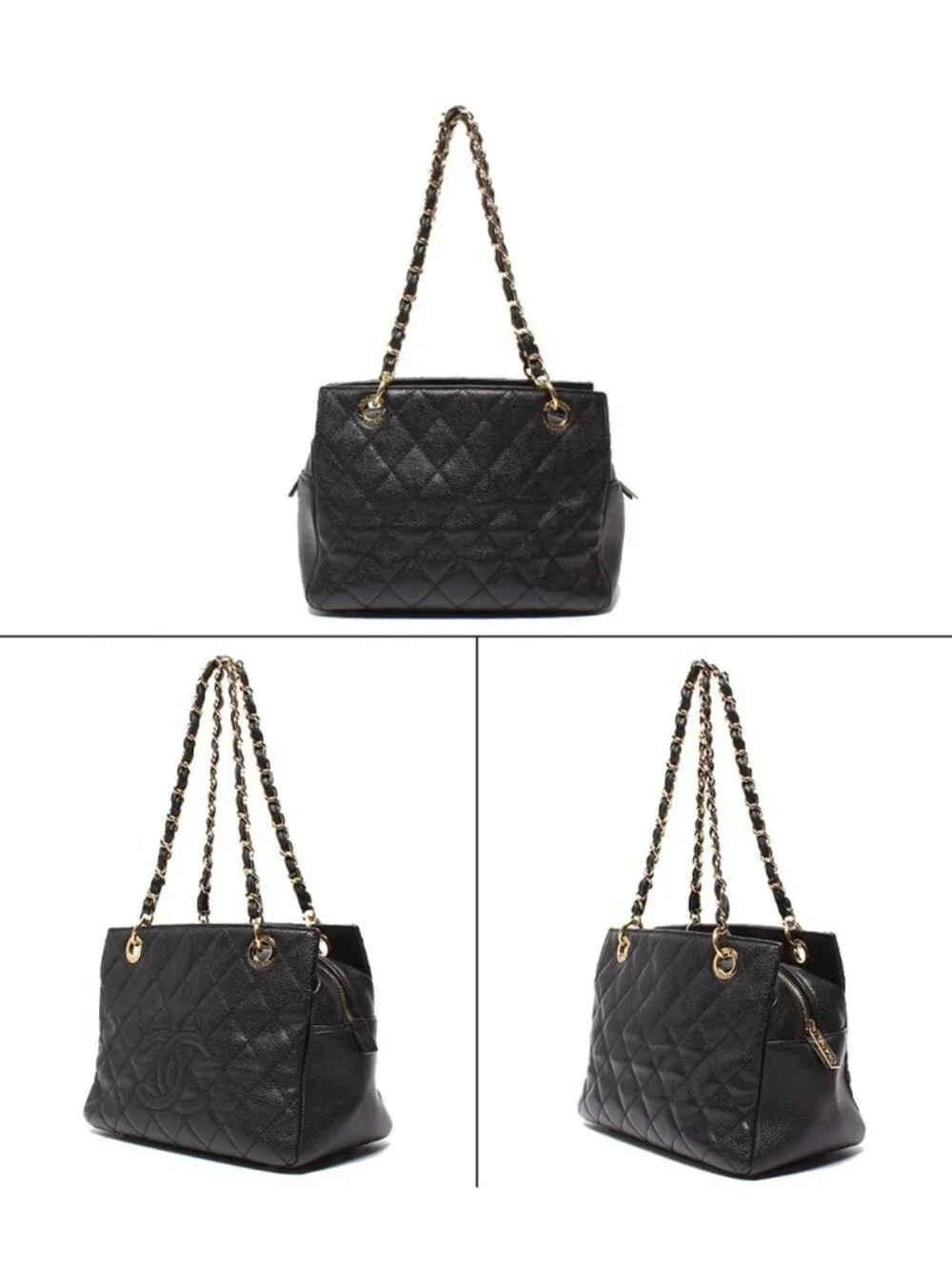 Chanel Chain Shoulder Bag Gold Quilted Caviar Leather Petit Timeless